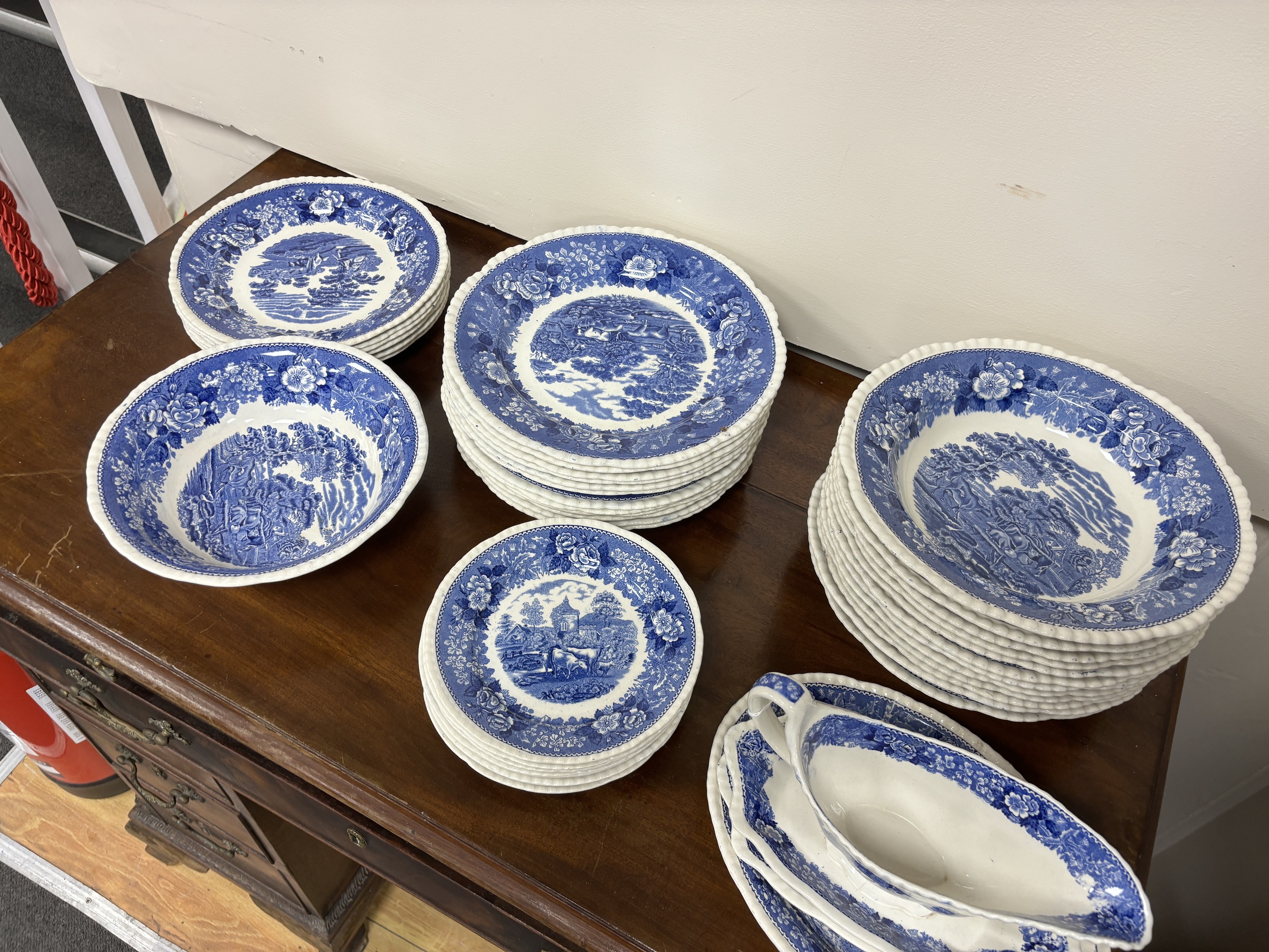 A forty two piece Flintware blue and white table set, early 1900s